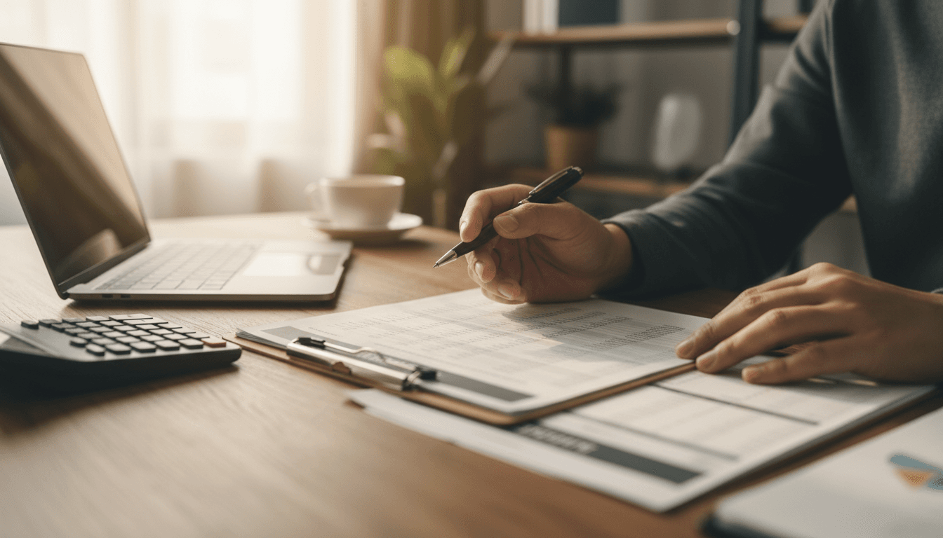 Professional reviewing tax documents at a wooden desk with natural window lighting