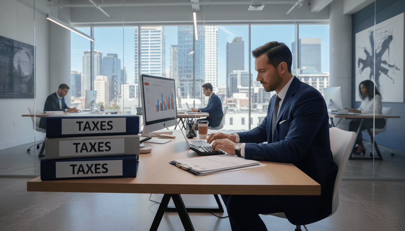 Professional accountant working at desk with calculator and tax documents in modern office
