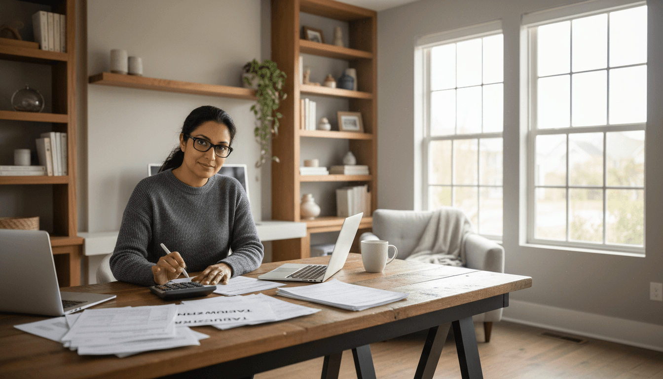 Tax professional reviewing financial documents at a desk with natural light