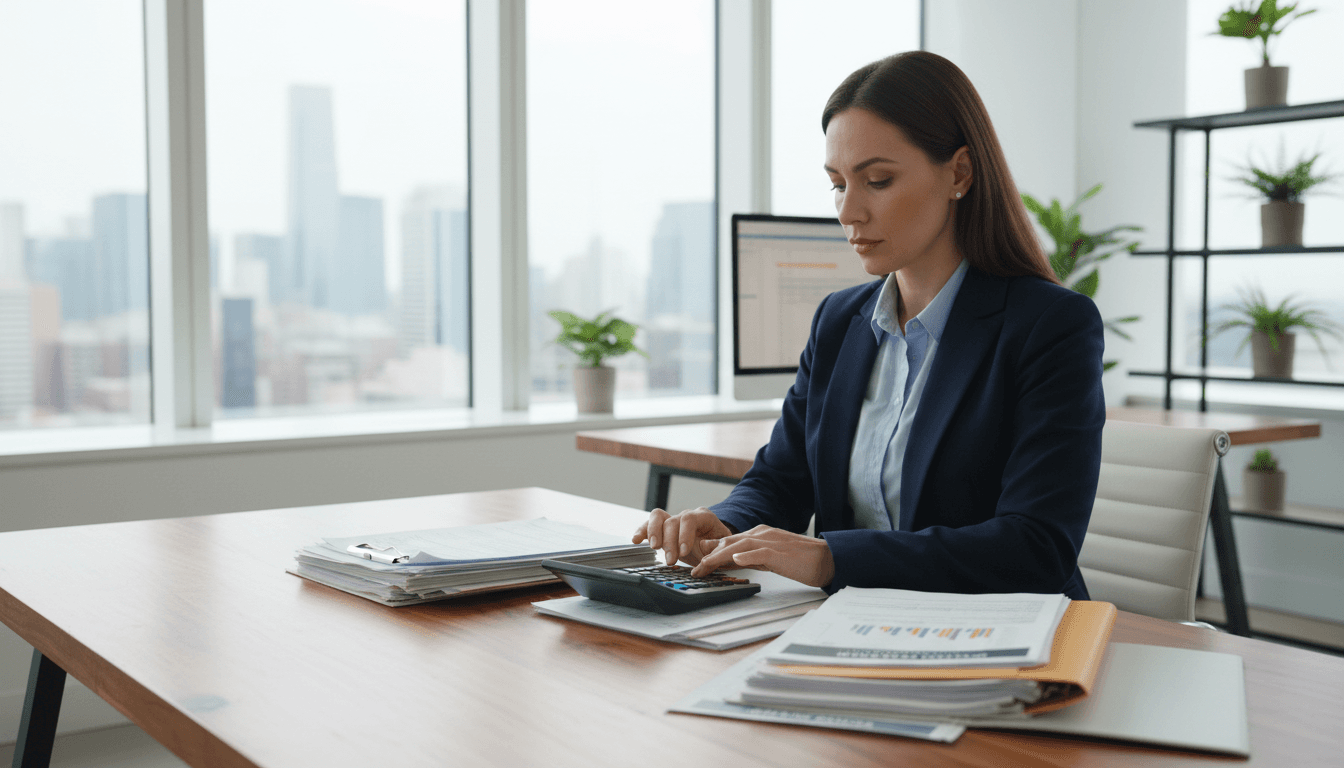Professional accountant working at a clean desk with calculator and tax documents in a bright modern office